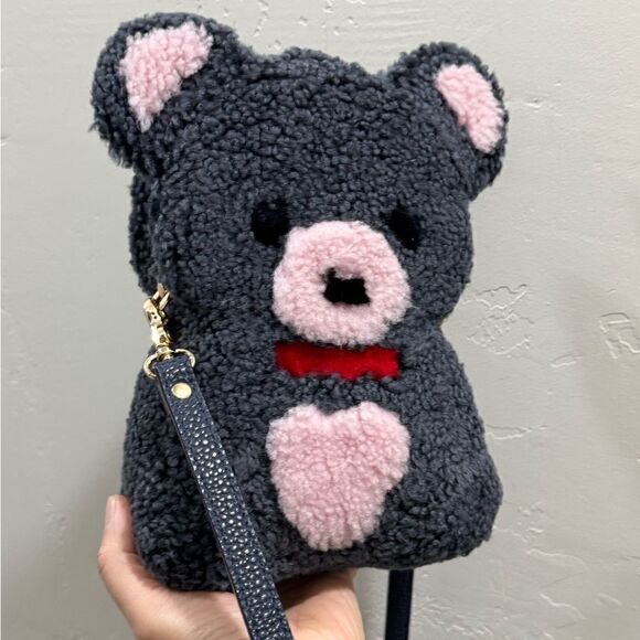 Gray Teddy Bear Purse, Handmade Colorblock Real Shearling Crossbody/Phone Pouch - Picture 6 of 16